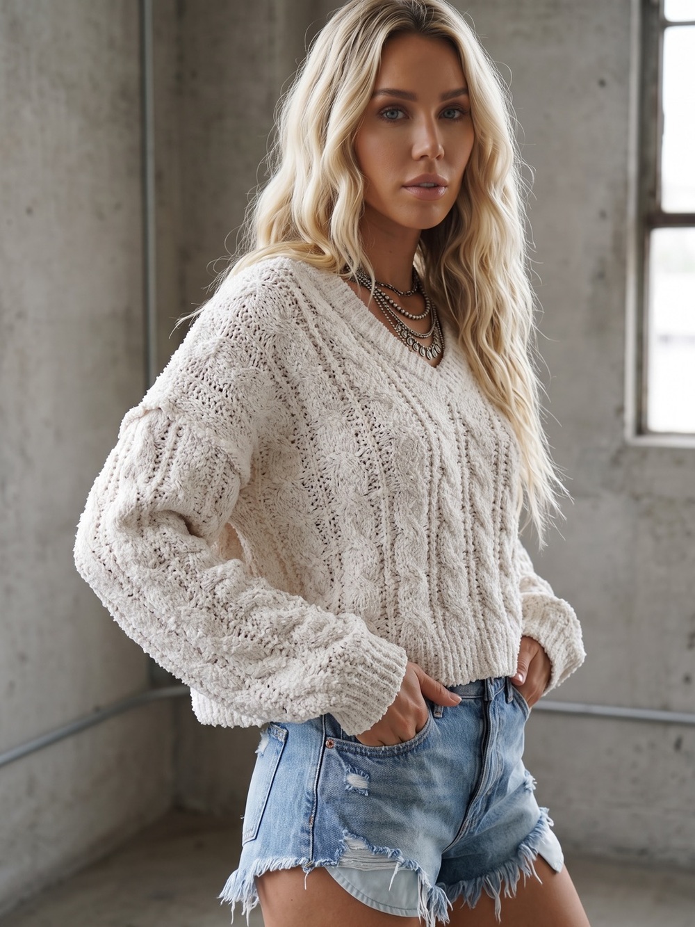 NWT POL Semi Cropped V-Neck Cable Knit Chunky Relaxed Fit Soft Sweater - Picture 6 of 7
